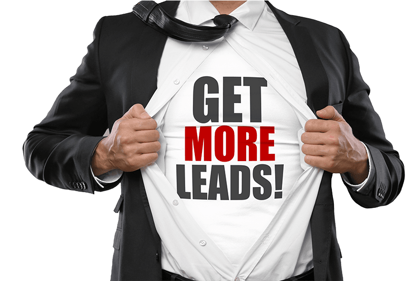 A man with a shirt that says "Get More Leads"