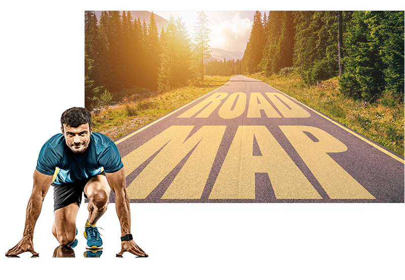 A road with the words "Road Map" on it and a runner beside it